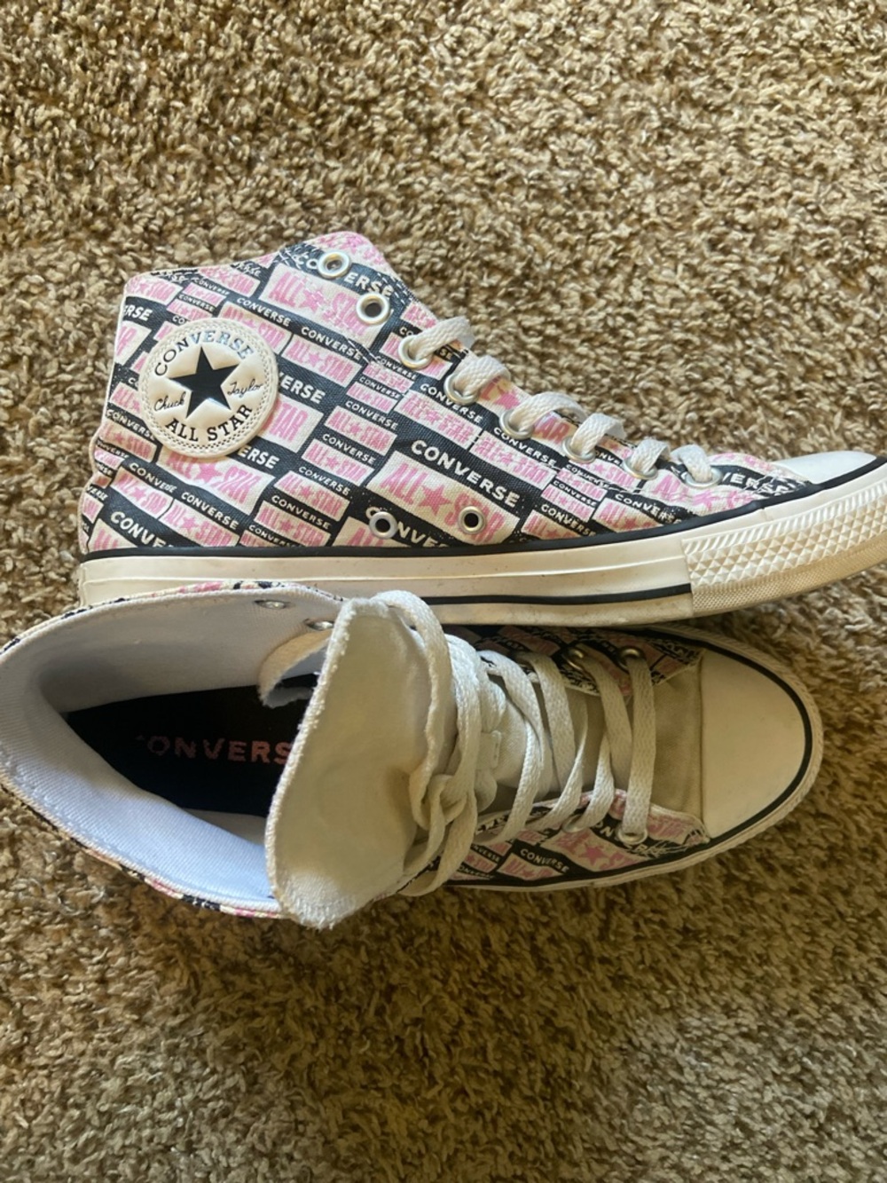 Converse Women’s Pink and Black Patterned Chuck Taylor High Top Sneakers